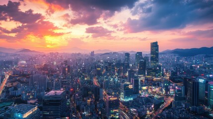 The dynamic cityscape of Seoul Gangnam district, featuring sleek skyscrapers