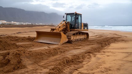 Obraz premium An excavator works on the edge of sand dunes, removing sand by the coastline to prepare for potential building development
