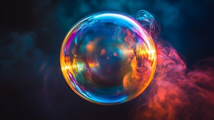 Fototapeta premium Translucent bubble in mid-air, softly lit with rainbow hues, floating against a dark, dramatic background, highlighting its delicate, shimmering surface