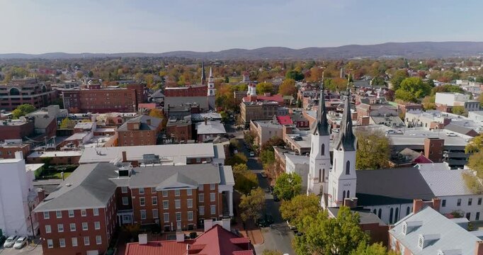 Downtown Frederick MD, Aerial Drone Shot in Autumn, Evangelical Lutheran Church