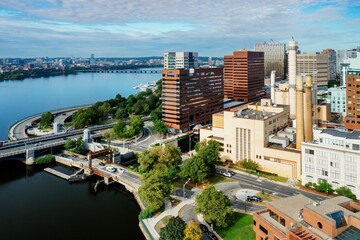 Downtown Cambridge buildings leading to MIT and the Charles River, Massachusetts, United States.