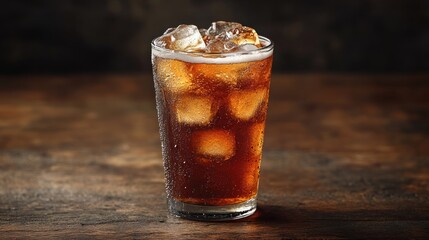 A refreshing glass of iced cola on a wooden table.