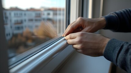 Beautiful worker installing a plastic window, close-up view of hands tightening screws, natural light reflecting off the glass in a modern indoor setting