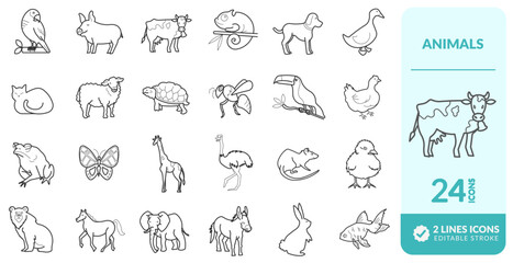 Set of handmade vector farm animal icons horse fish cat dog giraffe elephant birds and others. editorial lines and high quality