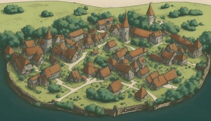Fototapeta premium DnD Map Medieval Village from Above AI Generate