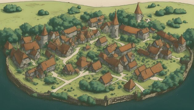 DnD Map Medieval Village from Above AI Generate