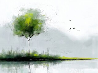 tree birds flying sky pond absolute peace quiet ground weather super anomalous object abstract