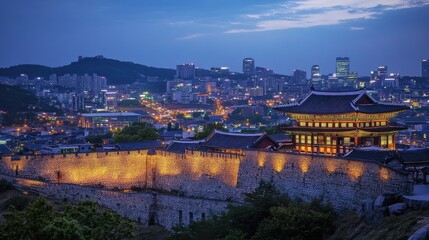 Obraz premium The vibrant cityscape of Suwon, featuring its illuminated fortress walls and modern