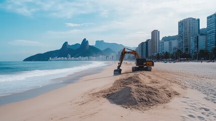 Fototapeta premium An excavator works on the edge of sand dunes, removing sand by the coastline to prepare for potential building development