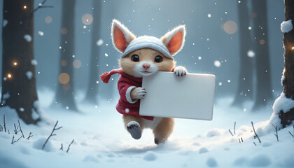 Adorable Bunny in Winter Attire Holding Empty Board in Magical Forest With Copy Space