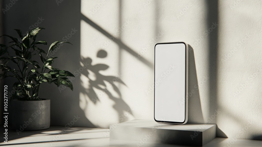 Aufkleber a sleek smartphone stands upright on a pedestal in a bright room, illuminated by natural light strea