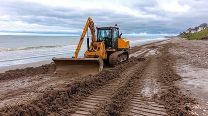 Obraz premium An excavator works on the edge of sand dunes, removing sand by the coastline to prepare for potential building development