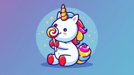 Naklejka premium Cute Cartoon Unicorn Holding A Lollipop