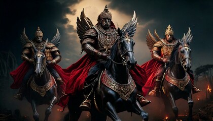 Fototapeta premium Four Horsemen of the Apocalypse in a Dark and Apocalyptic Scene AI Generate
