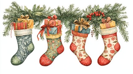 A vintage-style Christmas card, festive socks hanging from a garland, each filled with wrapped presents, baubles, and ribbons, digital illustration, isolated on white background