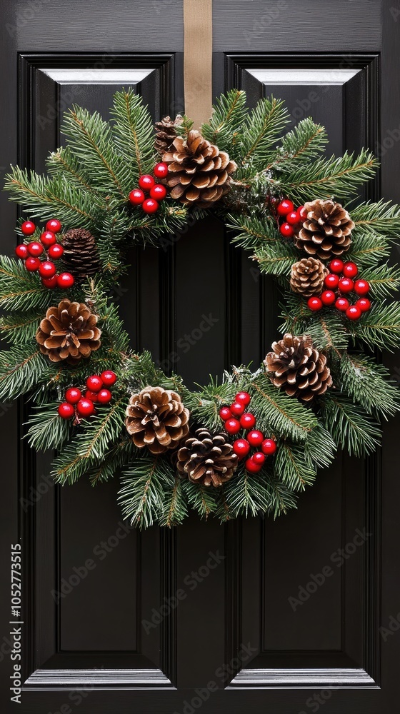 Sticker A beautiful Christmas wreath, decorated with vibrant berries and pine cones, enhances the charm of a black door during the holiday season