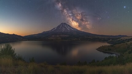 Mountain Peak and Milky Way Reflected in Still Lake