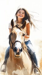 Fototapeta premium girl riding horse smile face portrait glory ride coherent two people teenage brushwork