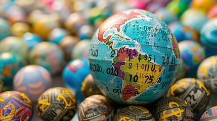 Fototapeta premium A Close-Up of a Globe Surrounded by Dollar Bill-Covered Easter Eggs