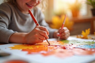 Naklejka premium Little girl happily painting colorful autumn leaves with brushes, demonstrating creativity in a bright environment