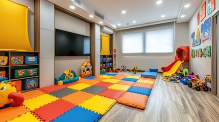 A brightly colored playroom with a slide, toys, and soft flooring.