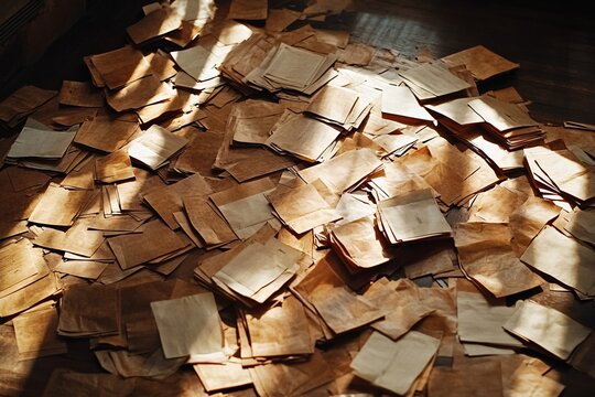 Scattered Brown Paper Papers on Wooden Floor with Sunlight