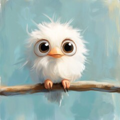 white bird big eyes sitting branch fluffy bangs expressive professional streaming punk hairstyle stuffed toy humorous oil gremlin best