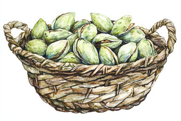 Obraz premium A woven basket filled with greenish pistachio nuts, showcasing their unique texture and shape.