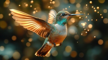 Fototapeta premium A detailed shot of a hummingbird in flight, capturing the iridescent feathers and fast-moving wings in hyper-detail.
