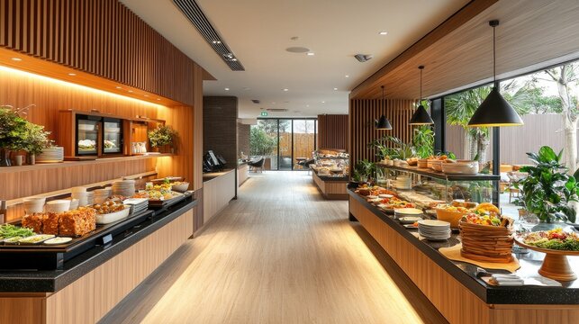 A long, modern dining room with a breakfast buffet spread, featuring a variety of food options, and a view of a patio.