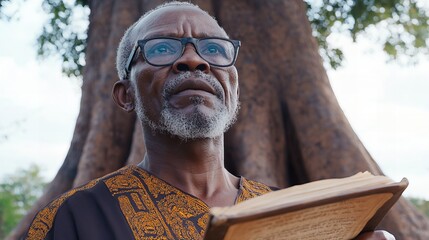 Fototapeta premium An elderly African man with a gray beard and glasses looks up while holding a book in front of a tree.