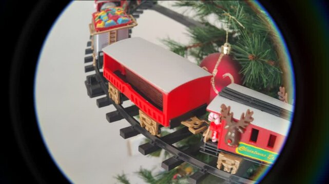 Toy train at full speed around a Christmas tree
