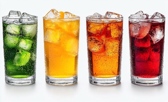 A variety of colorful drinks with ice in clear glasses.