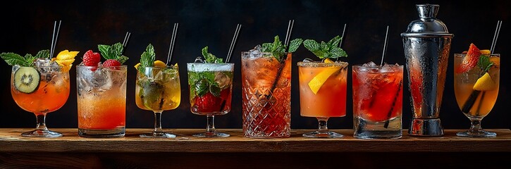 A vibrant display of various cocktails on a wooden bar.