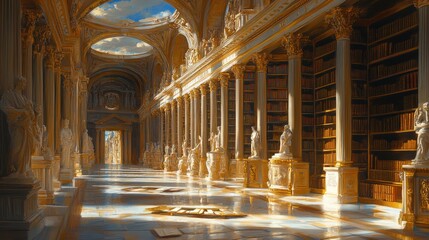 Obraz premium A grand, ornate library with high ceilings, columns, and statues