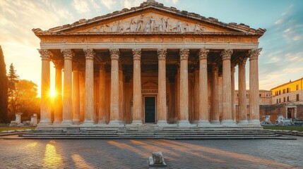 Obraz premium Ancient Roman Temple at Sunset with Sun Rays Shining Through Columns