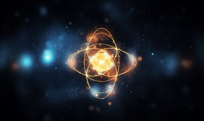 Obraz premium Abstract representation of an atom with glowing orbits.