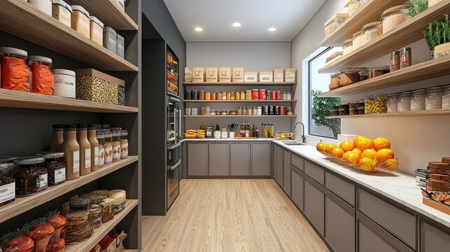 A modern pantry with wooden shelves, a stainless steel sink, and a countertop with fruit.