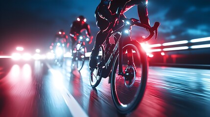 Obraz premium Cyclists on a late-night ride, resting on the shoulder of a quiet highway, their neon gear contrasting with the deep shadows of the night