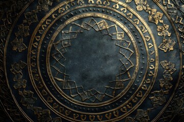 Fototapeta premium An intricate, ancient-looking medallion or shield adorned with ornate patterns and geometric designs, crafted in dark metal with gold accents. 