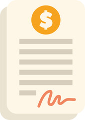 This vector illustration shows a financial document with a dollar coin icon and a signature, symbolizing a money agreement