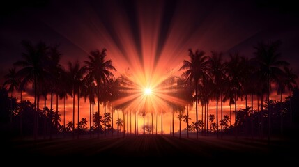 Naklejka premium Silhouette of palm trees with golden sun rays breaking through, warm and inviting, smooth gradient background, digital painting, tropical mood