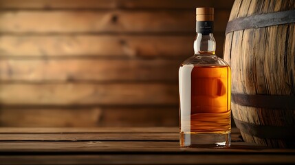 Aged wooden barrel with a bottle of premium scotch and glass, minimalist composition with empty space for brand logo or text, rustic setting