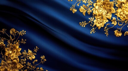 Abstract Thai background featuring golden floral details on royal blue silk, inspired by traditional art, isolated on white
