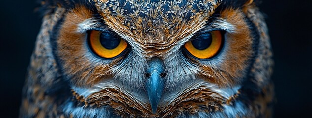 Close-up of a majestic owl with striking orange eyes and intricate feathers.