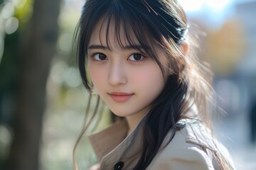 a young woman in a beige trench coat exudes confidence and warmth, with soft light enhancing the stylish and inviting mood of the scene.