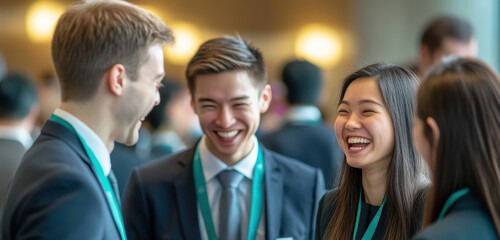 Obraz premium A business professional exchanges ideas with a peer at a corporate event, forming connections. The event’s green atmosphere promotes collaboration and relationship building.