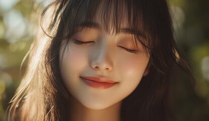 Fototapeta premium A young Asian girl, eyes softly shut, exudes a sense of peaceful joy in a moment of calm reflection, embodying tranquility and relaxation.