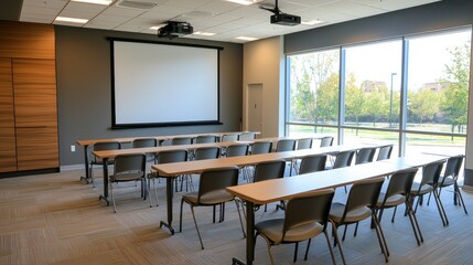 Empty classroom with projector screen, rows of tables and chairs, and large windows overlooking trees.