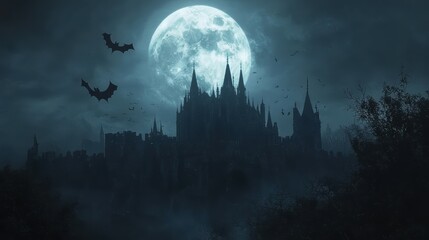 Fototapeta premium Spooky halloween night wallpaper with flying bats and full moon over castle